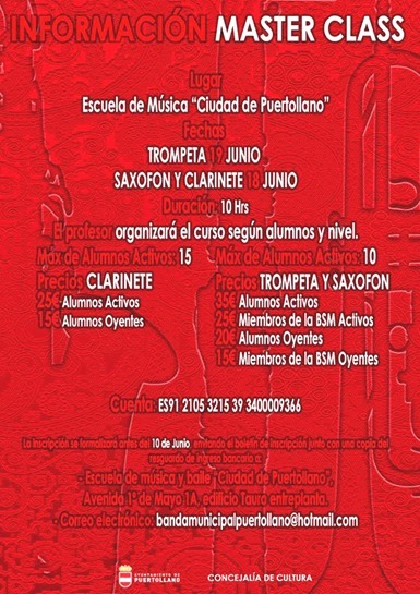 Máster class de saxofón, clarinete y trompeta con la Escuela de Música Ciudad de Puertollano
