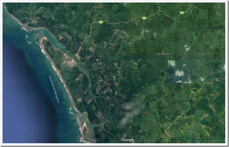La isla de Muisne y su entorno en costa firma. (Capura en Google Maps).