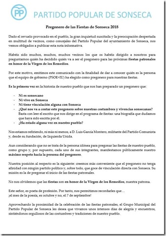 Escrito del PP de Sonseca